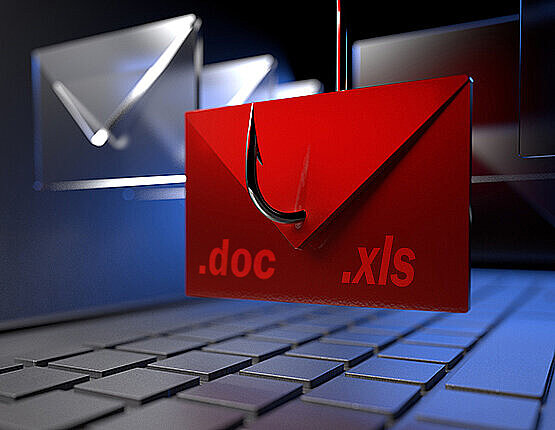 Dieses Bild zeigt einen roten mit .doc und .xls Bezeichnung beschrifteten Briefumschlag an einem Anglerhaken.