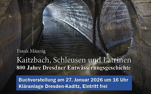Dieses Bild zeigt zwei Kanäle, die ineinander Fließen. Im unterem Bereich des Bildes befindet sich eine Aufschrift, die zu einer Buchvorstellung einlädt. 